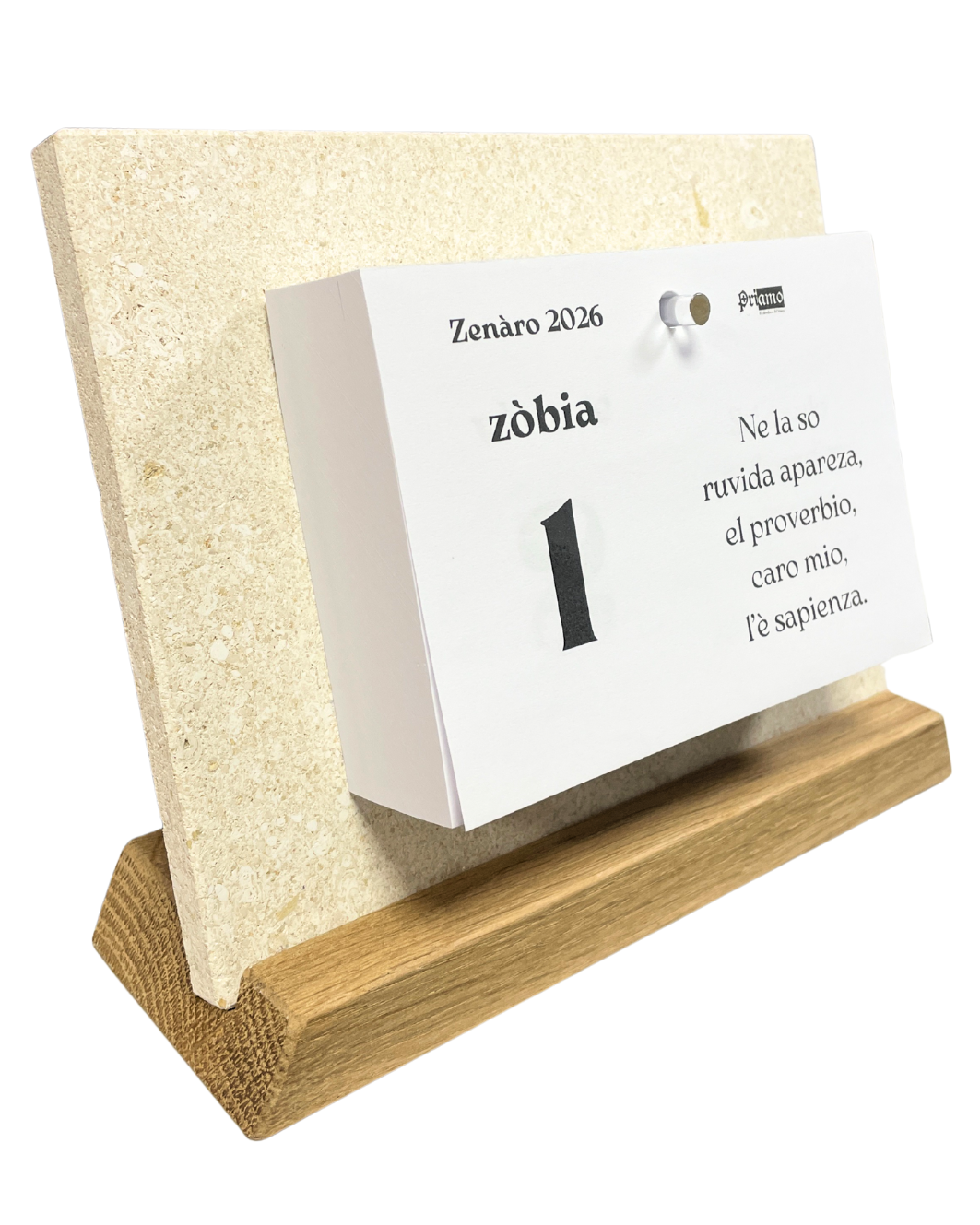 Calendario PRIAMO completo 2026 in Pietra di Vicenza e Rovere veneto spazzolato, orizzontale